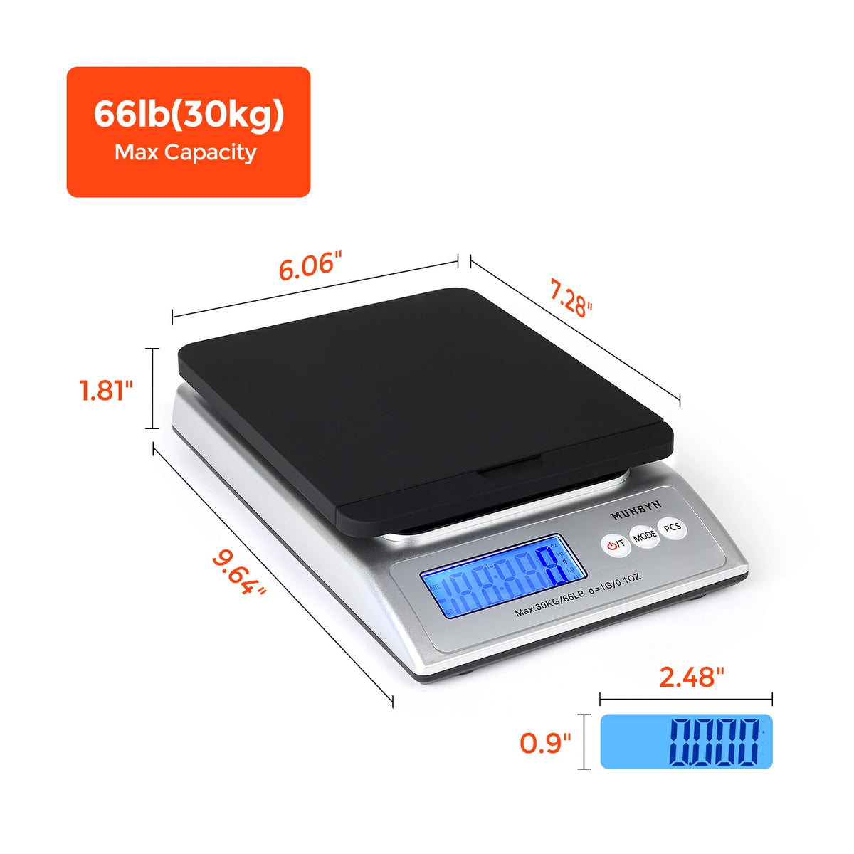 Die MUNBYN-Briefwaage ist eine schwarze digitale elektronische Versandwaage, die einem maximalen Gewicht von 30 kg standhalten kann.