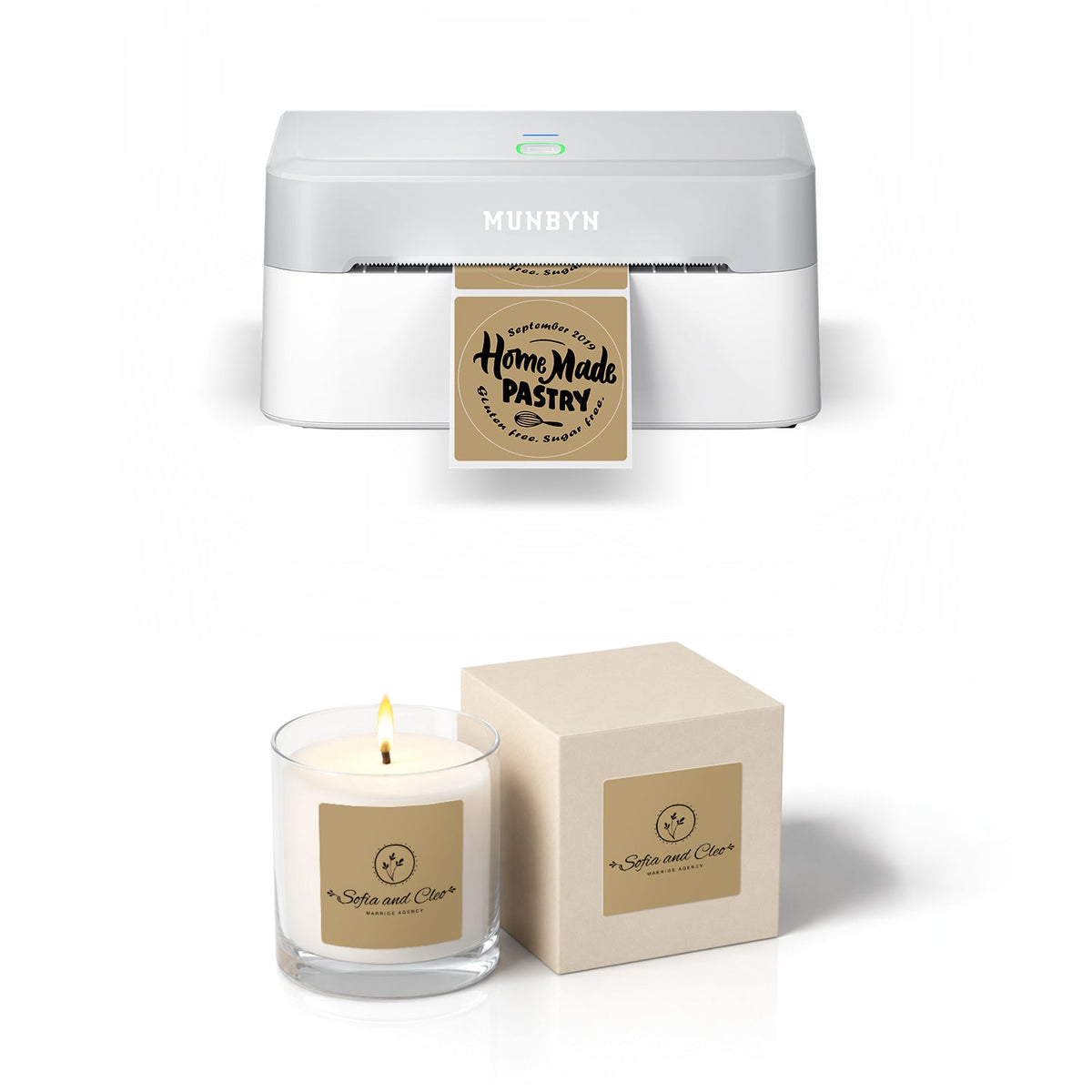 MUNBYN RealWriter 403B Bluetooth Thermal Label Printer & 2x2 Square Labels Candle Packaging Branding Set