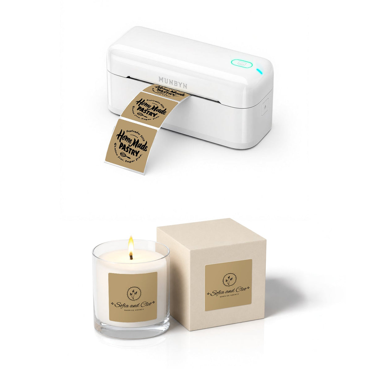 MUNBYN RealWriter 402B Bluetooth Printer & 2x2 Square Labels Candle Packaging Starter Set
