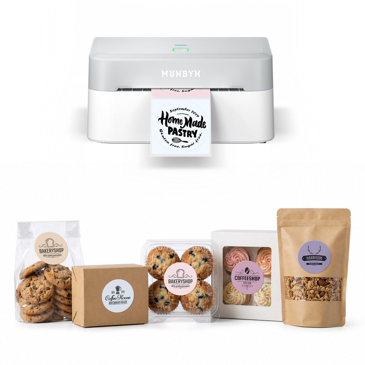 MUNBYN RealWriter 403B Bluetooth Thermal Label Printer & Morandi Labels Bakery Packaging Starter Set