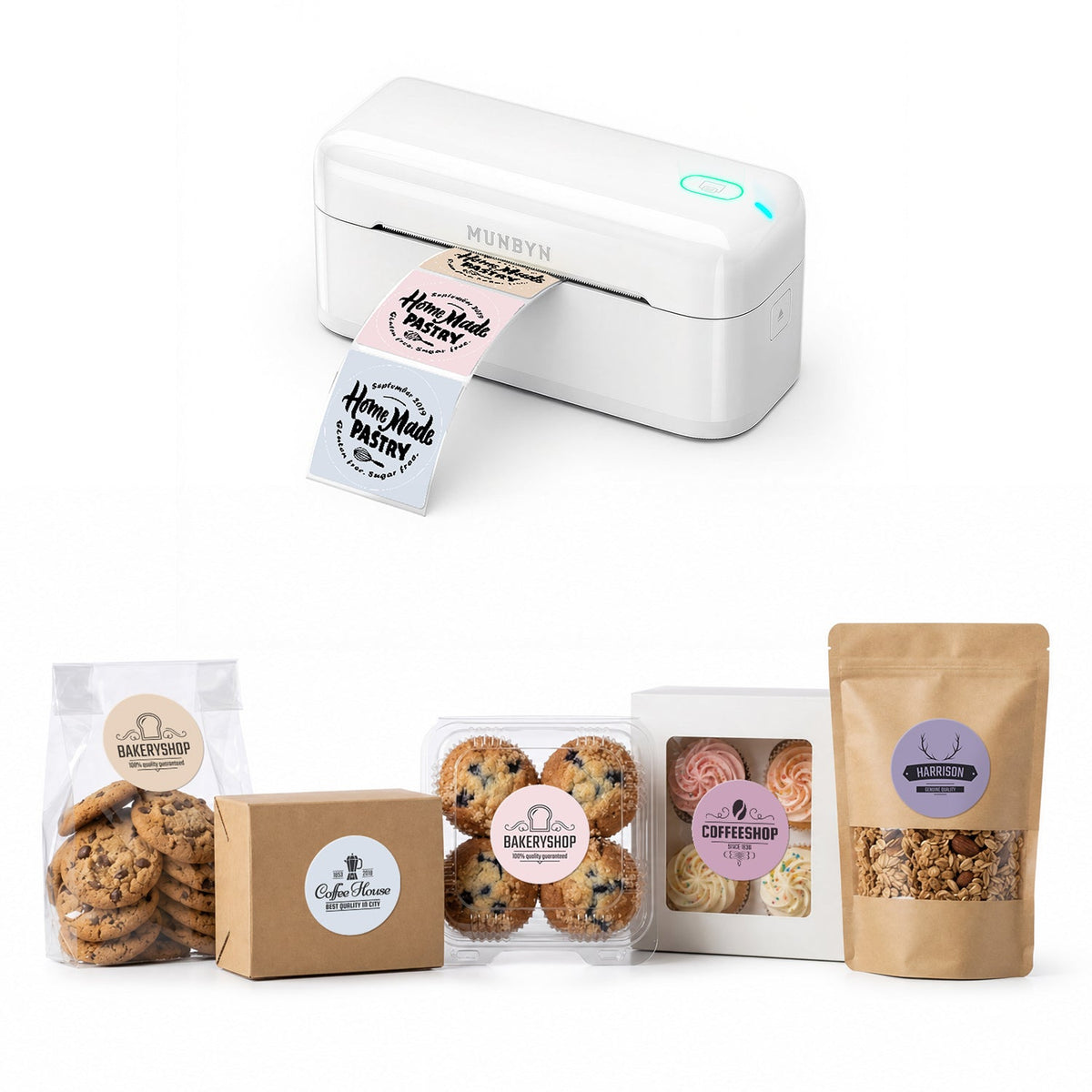 MUNBYN RealWriter 402B Bluetooth Printer & Morandi Labels Bakery Packaging Branding Set