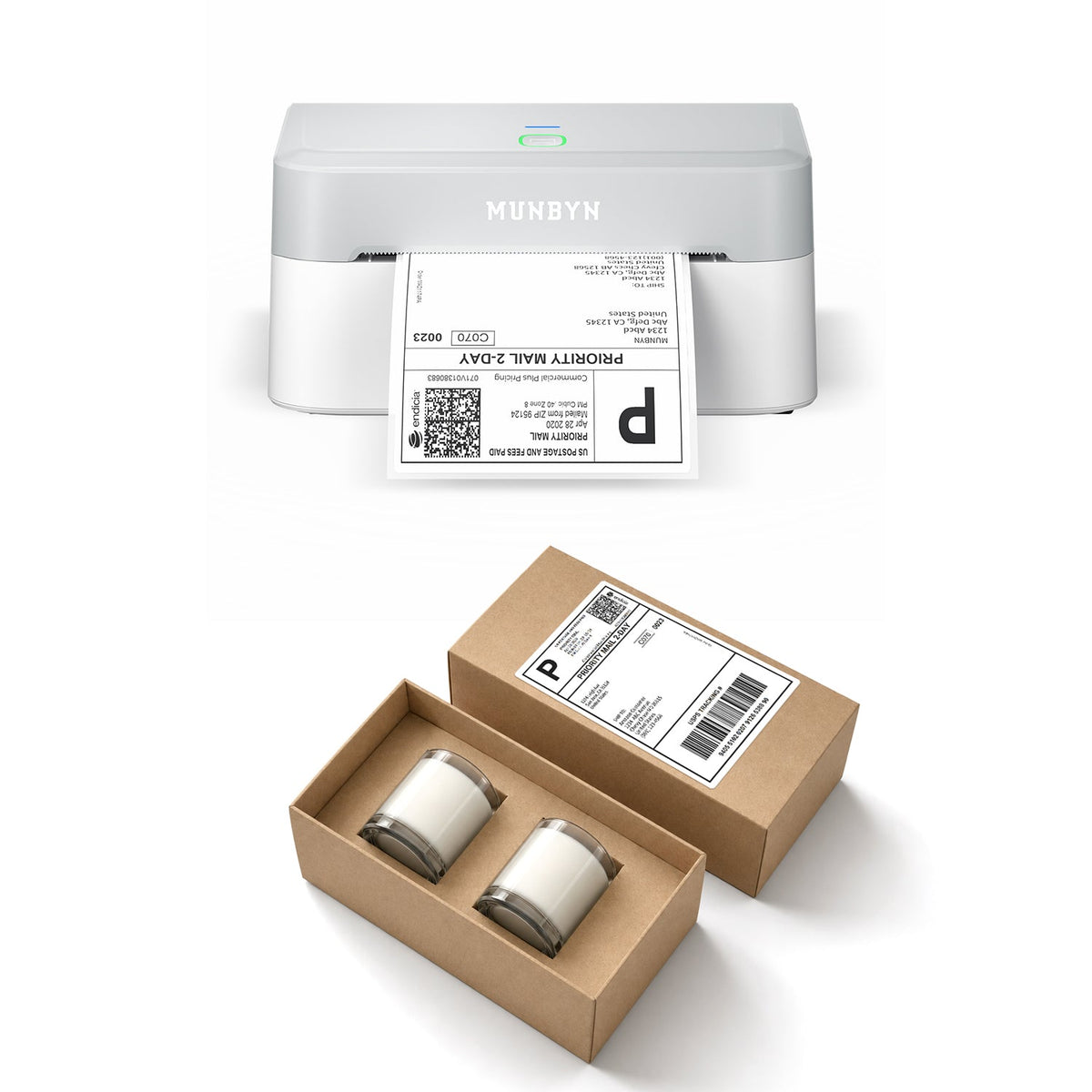 MUNBYN RealWriter 403B Bluetooth Thermal Label Printer & 4x6 Fan-Fold Labels Candle Shipping Starter Set