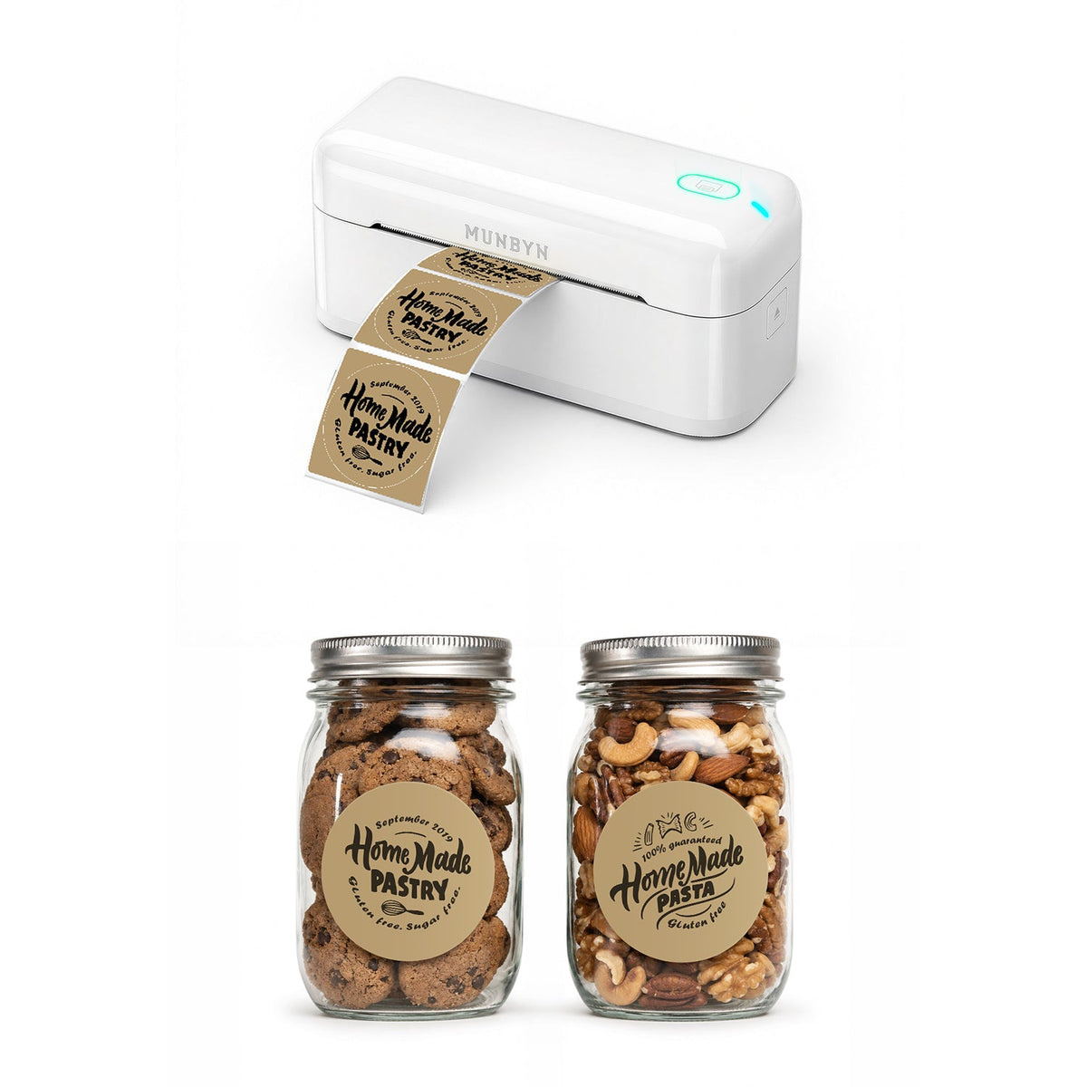 MUNBYN RealWriter 402B Bluetooth Printer & Round Labels Bakery Product Branding Set