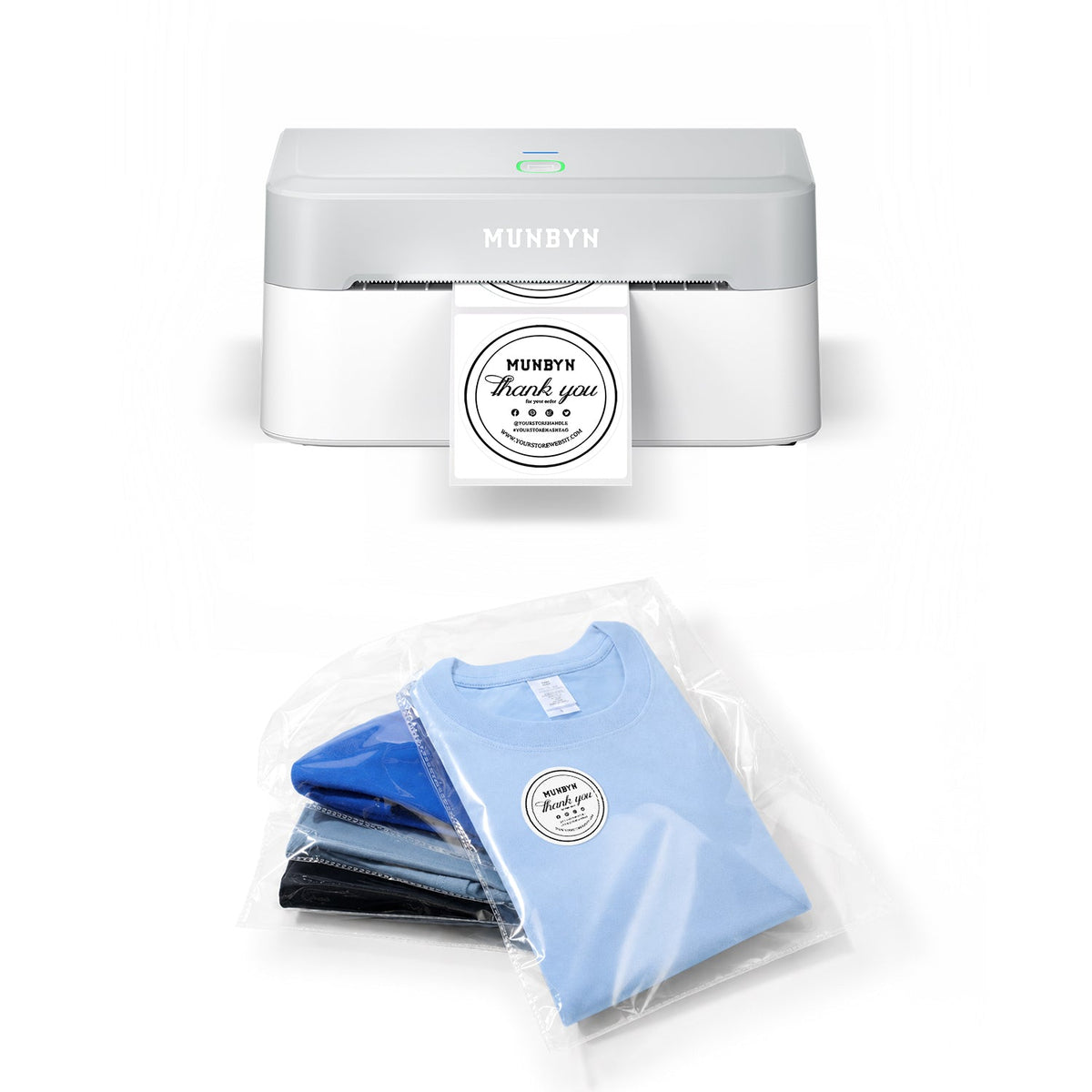 MUNBYN RealWriter 403B Bluetooth Printer & Round Labels Clothing Packaging Starter Set