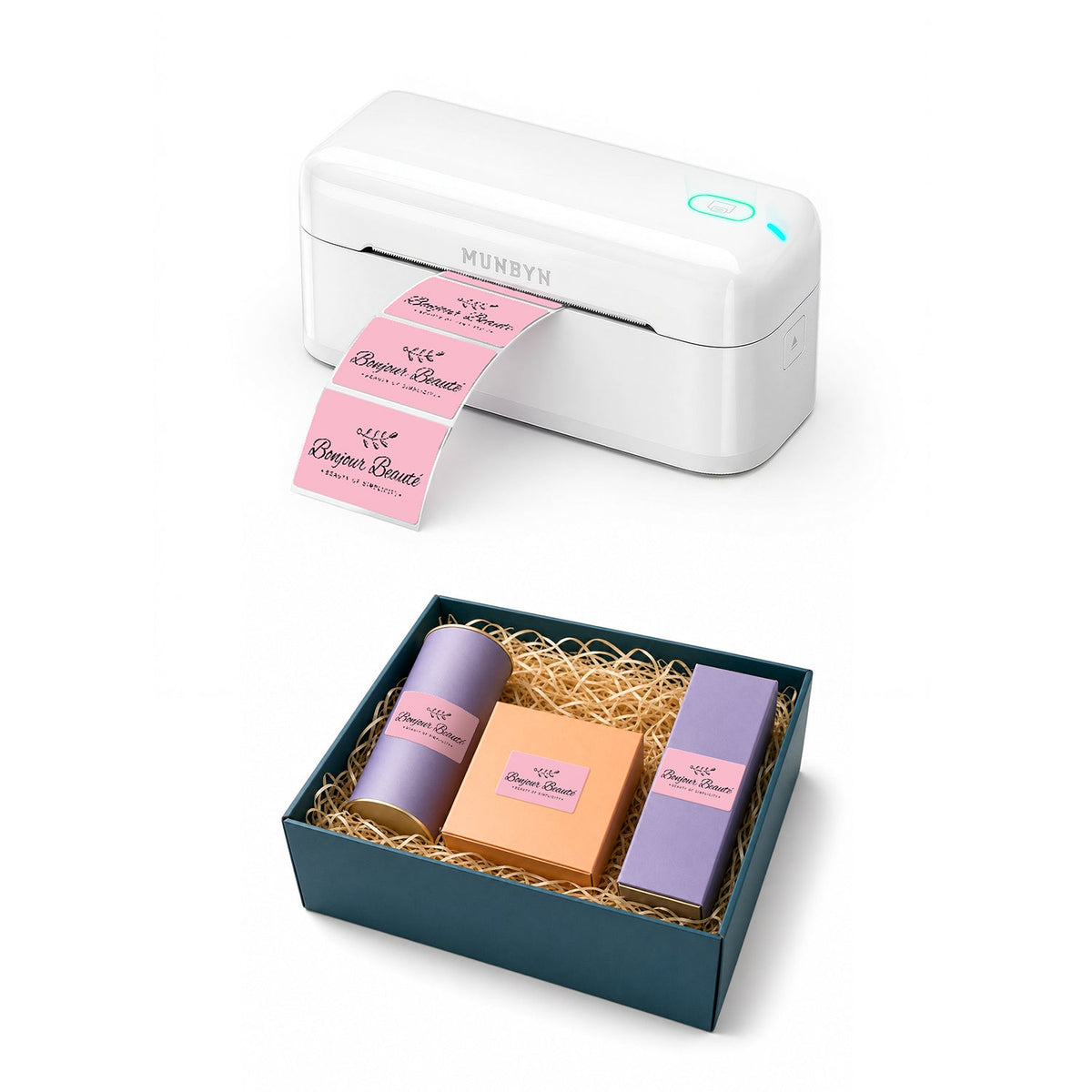 MUNBYN RealWriter 402B Bluetooth Printer & Rectangular Labels Beauty Packaging Branding Set