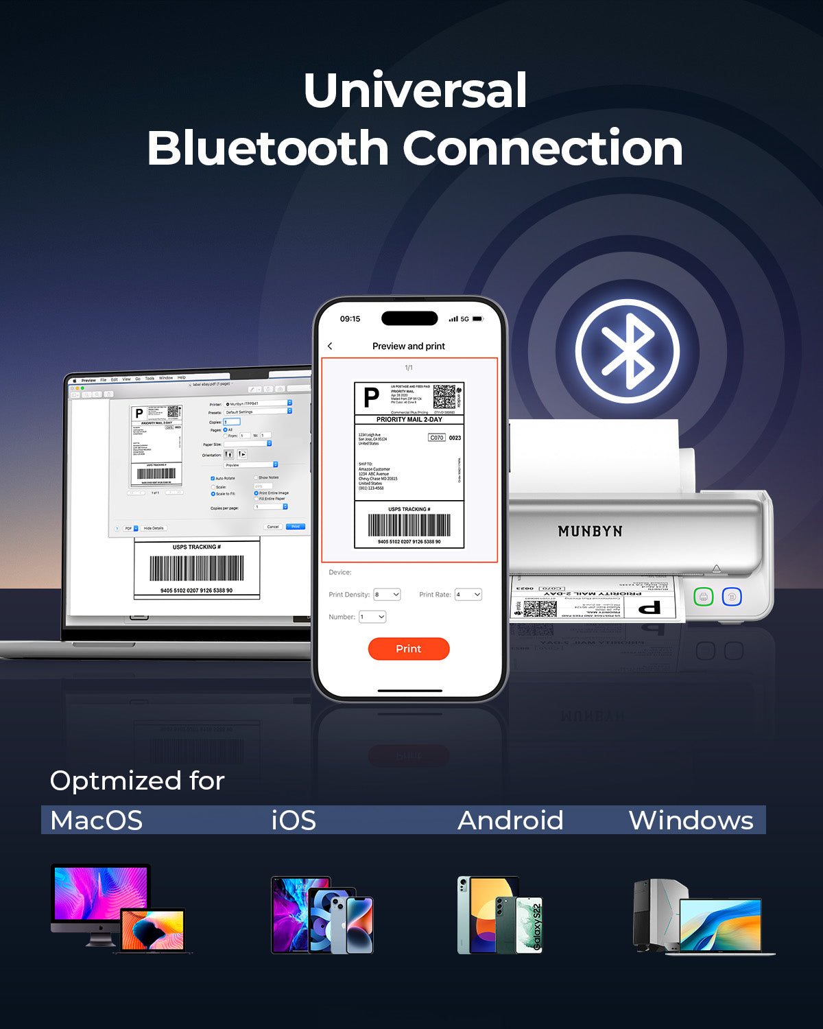 MUNBYN RW405B zweifarbiger Bluetooth Thermodrucker mit Etikettenhalter