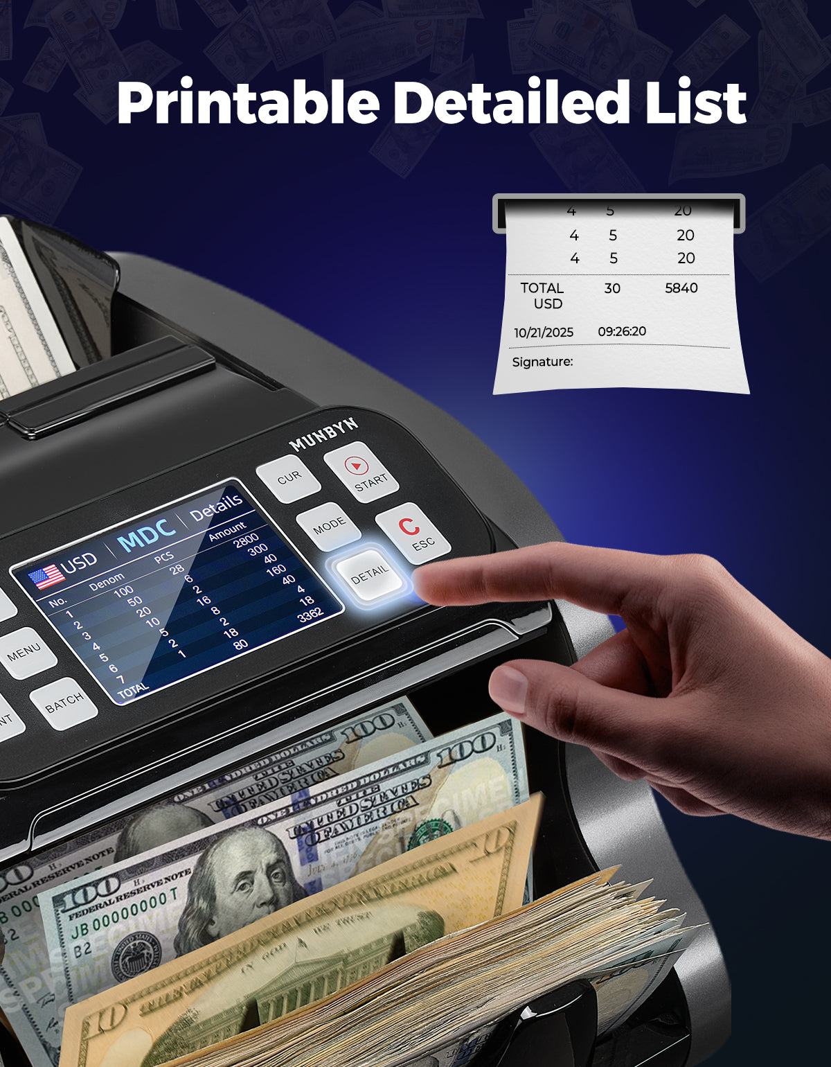MUNBYN IMC22 Machine compteuse de billets pour dénominations mélangées