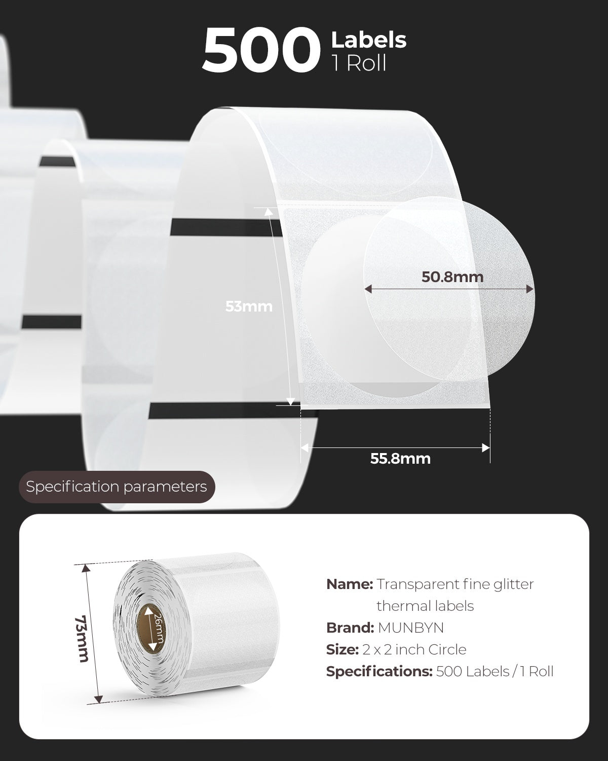 MUNBYN 2" Glitzer-Serie Transparent Thermoetiketten | 500 Etiketten pro Rolle