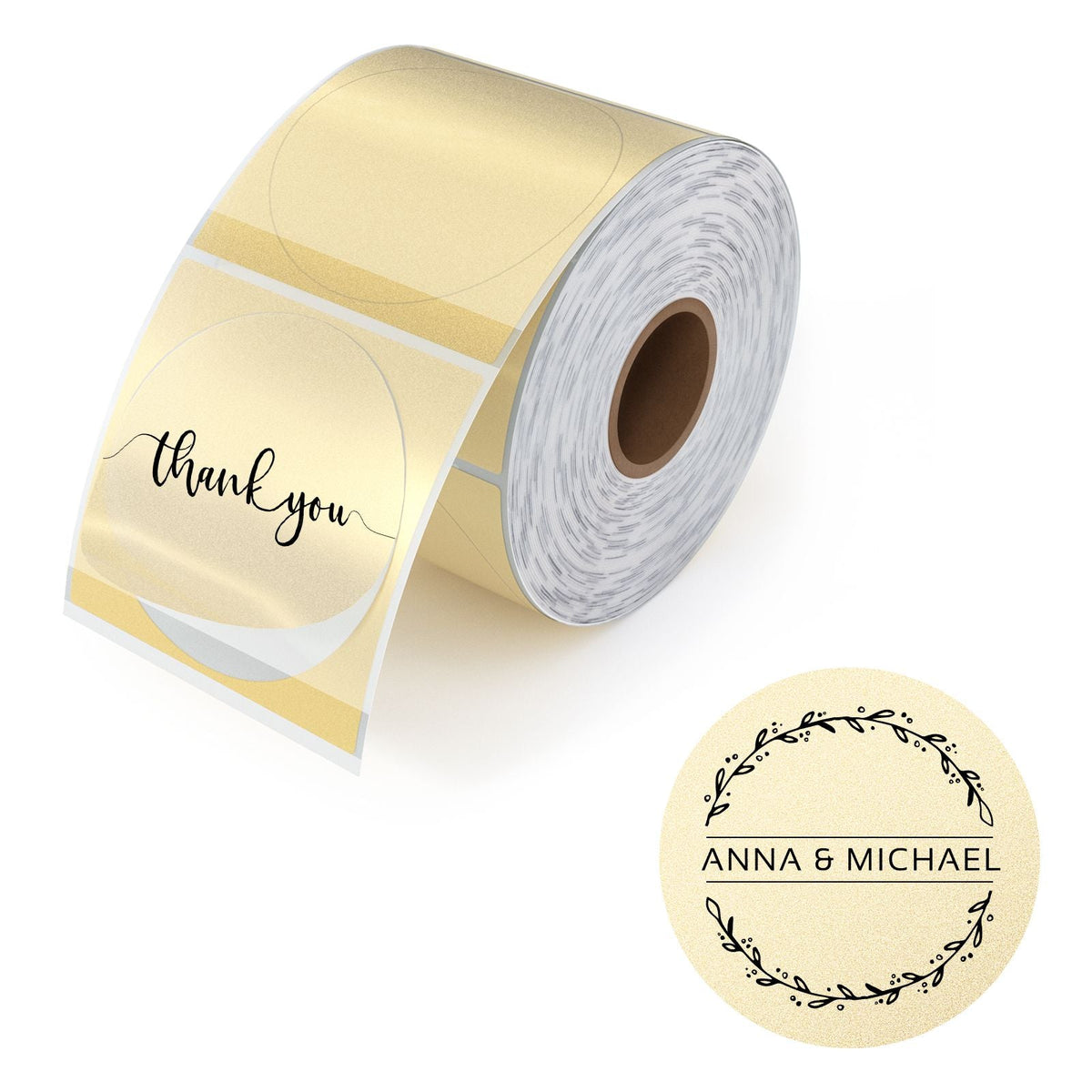 MUNBYN Gold-Glitzer-Thermoetiketten, 500 Etiketten pro Rolle, mit Maßen von 50,8 mm x 50,8 mm.