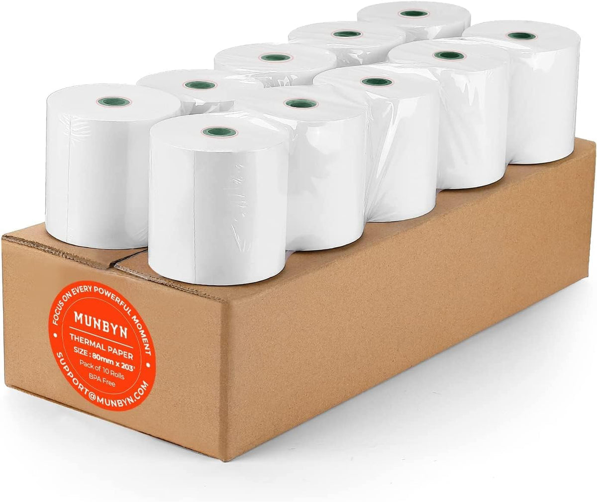 MUNBYN 80 × 50 mm Thermopapier für alle 80-mm-Thermodrucker (10 Stück)