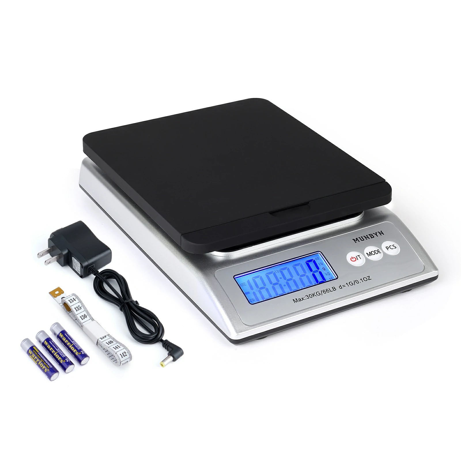 Die MUNBYN-Briefwaage ist eine schwarze digitale elektronische Versandwaage, die einem maximalen Gewicht von 30 kg standhalten kann.