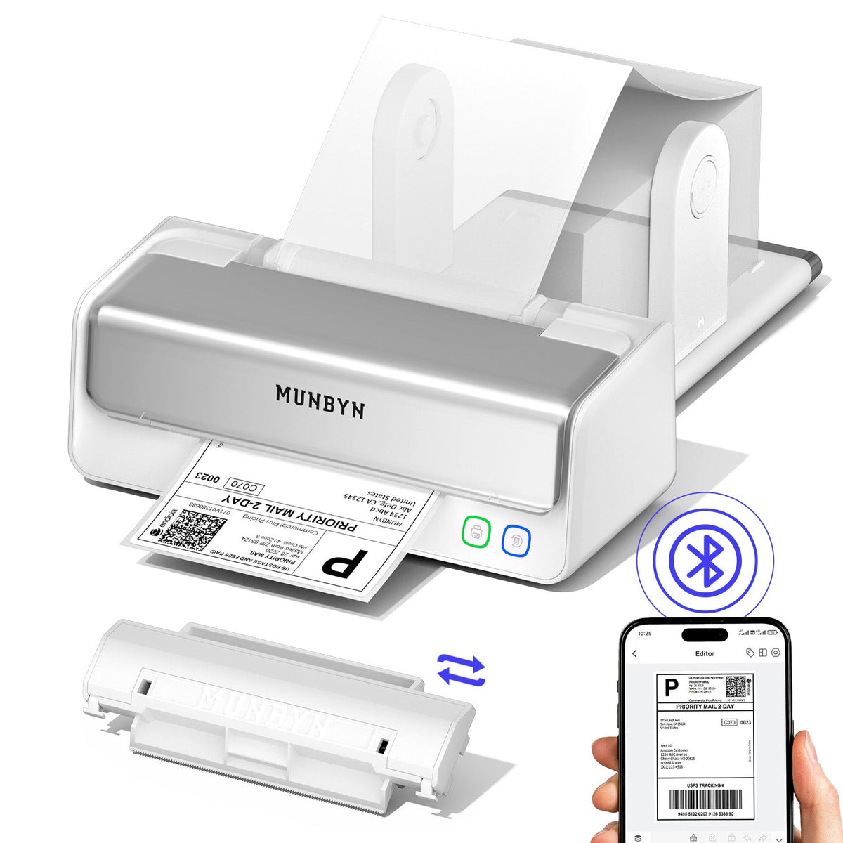MUNBYN RealWriter 405B Bluetooth Drucker & 4x6 Falt Etiketten Kerze Versand Profi Set
