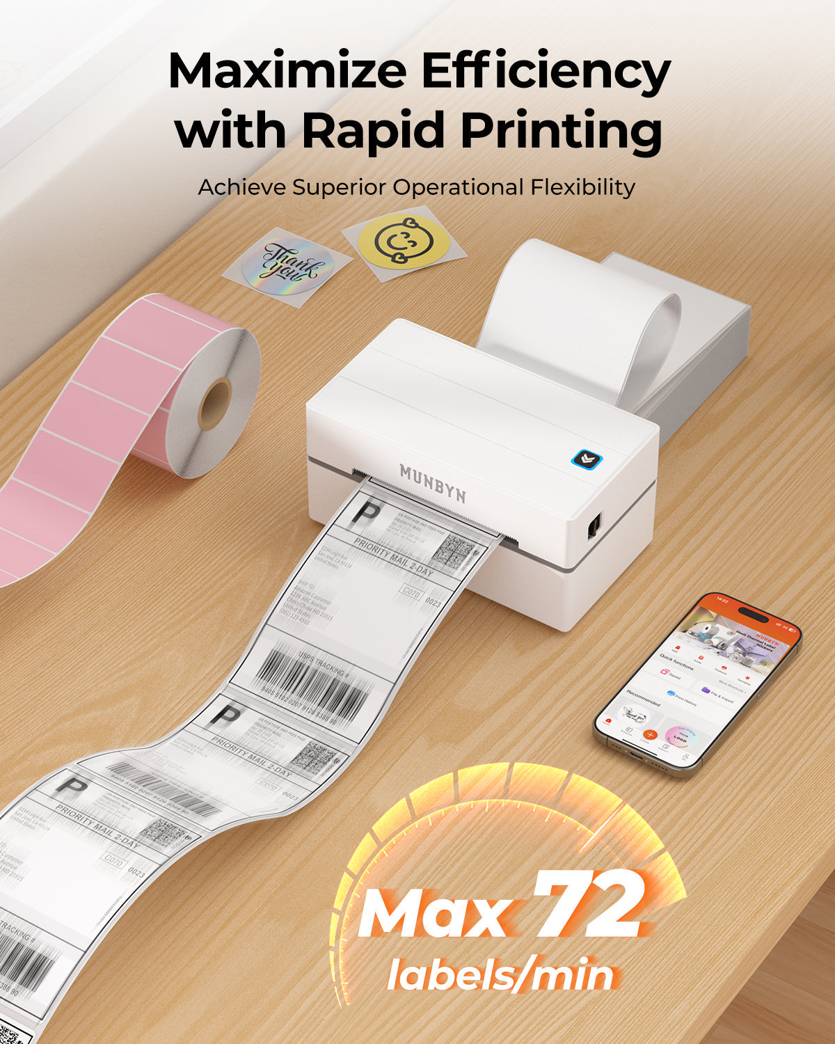 MUNBYN RealWriter 130B Bluetooth Drucker & Rechteck Rosa Etiketten Beauty Verpackung Basis Set