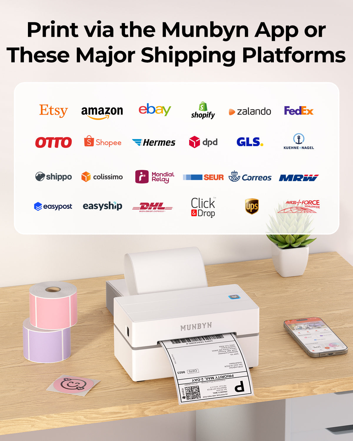 MUNBYN RealWriter 130B Bluetooth Drucker & Rechteck Rosa Etiketten Beauty Verpackung Basis Set
