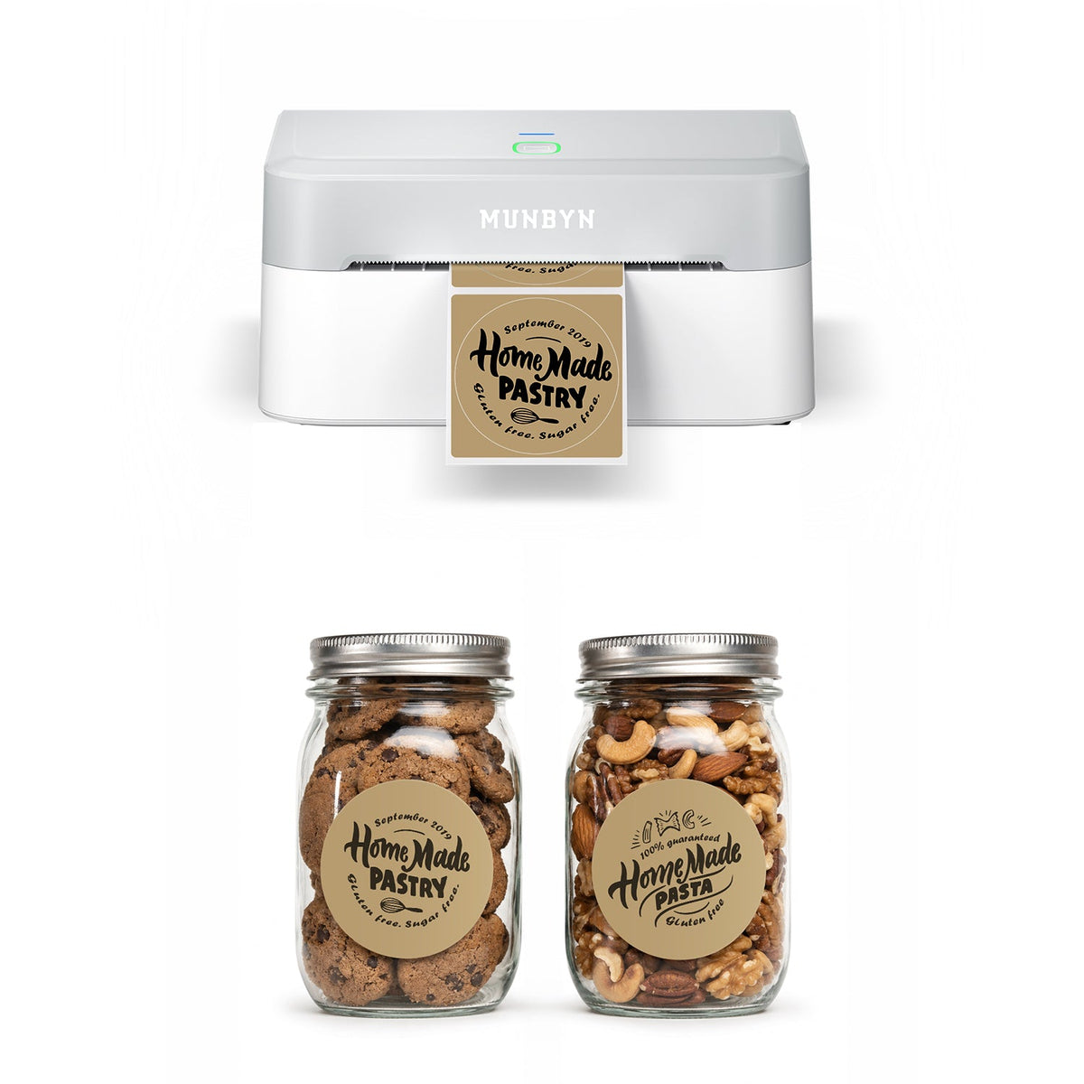 MUNBYN 403B Bluetooth Wireless Thermal Label Printer & Round Sticker Labels Bakery Product Starter Set
