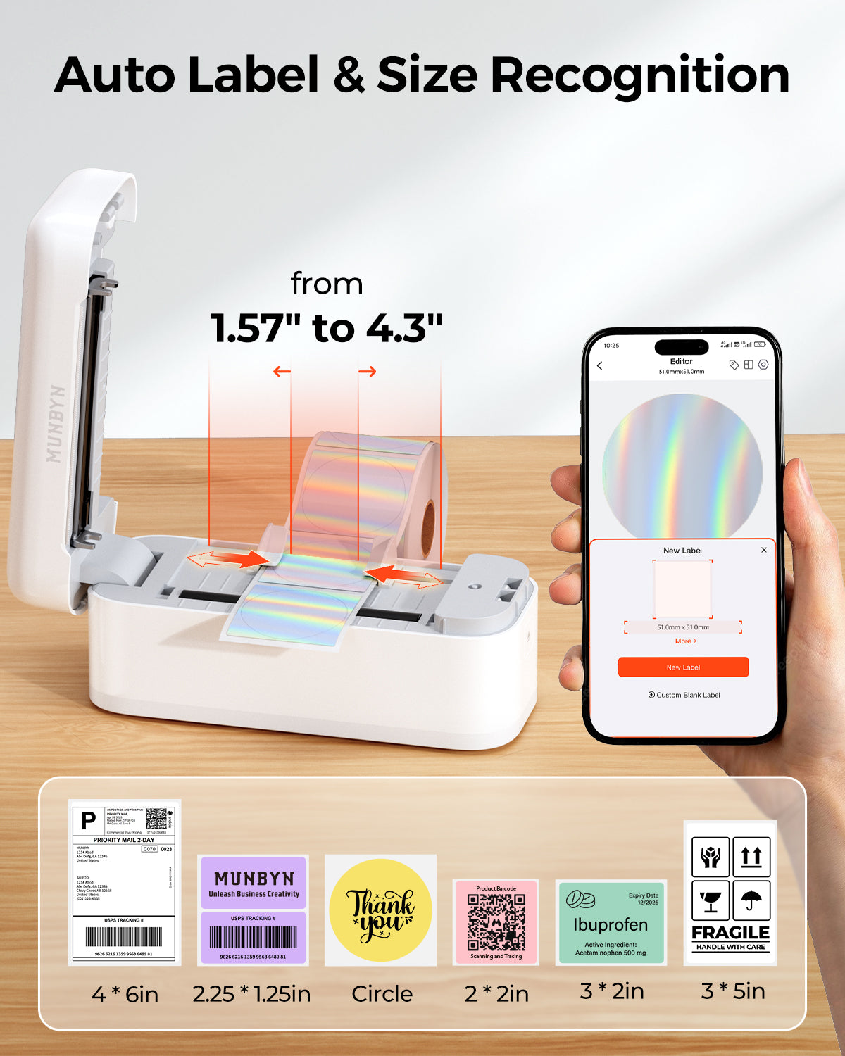 MUNBYN RealWriter 402B Bluetooth thermische labelprinter & ronde labels bakkerij product branding-set