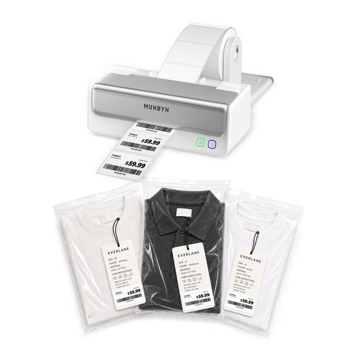 MUNBYN RealWriter 405B Bluetooth Drucker & Rechteck Etiketten Kleidung Produkt Profi Set