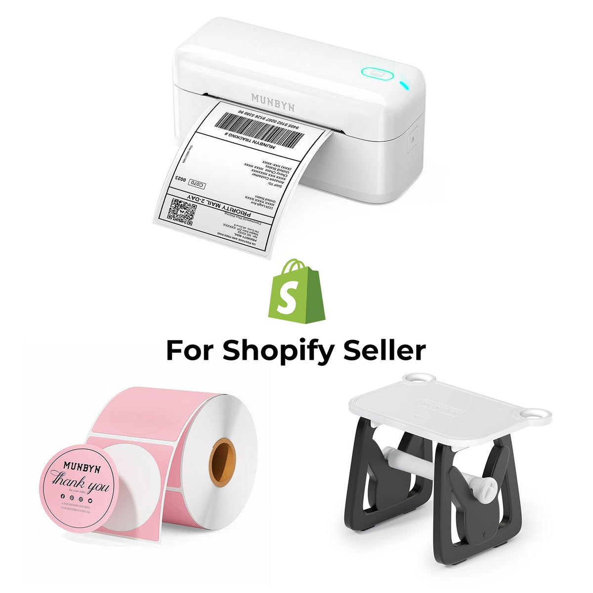 MUNBYN RealWriter 402B Bluetooth Drucker & Kreis Etiketten Shopify Verpackung & Branding Elegant Set