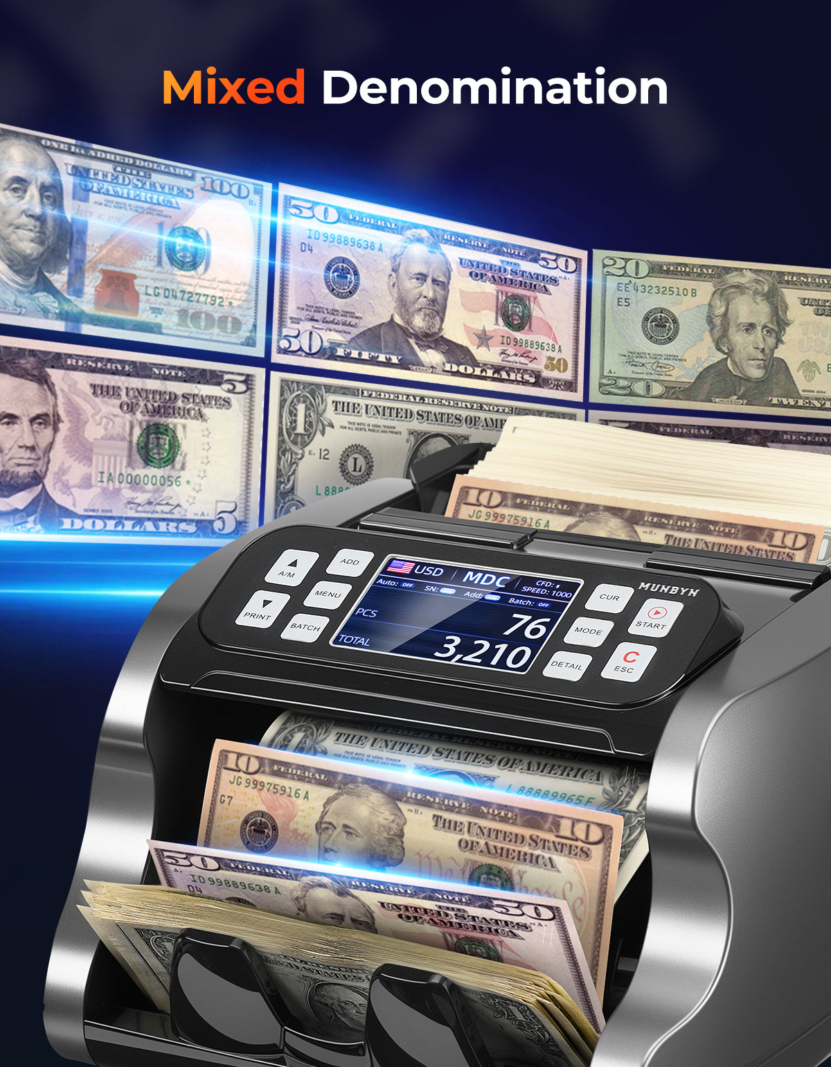 MUNBYN IMC22 Machine compteuse de billets pour dénominations mélangées
