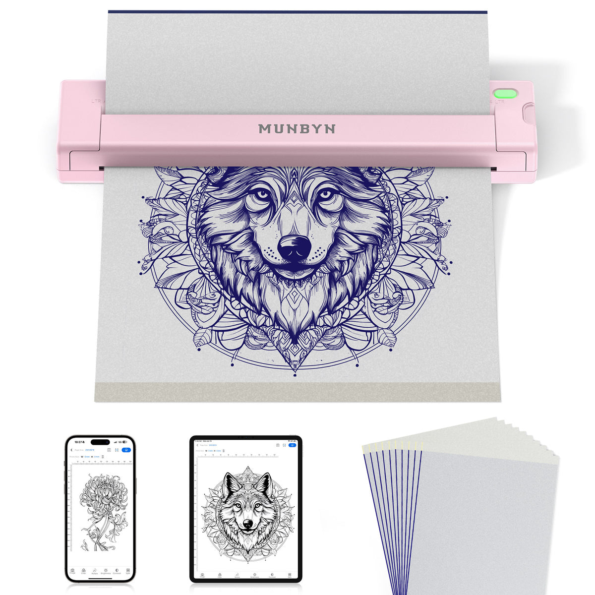 MUNBYN ITP05S Tattoo-Schablonen Drucker mit 20 Blatt Transferpapier