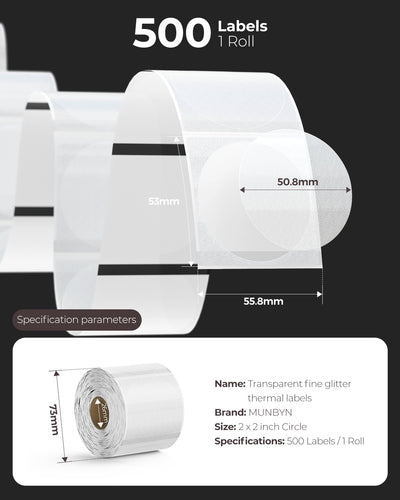 MUNBYN 2" Glitzer-Serie Transparent Thermoetiketten | 500 Etiketten pro Rolle